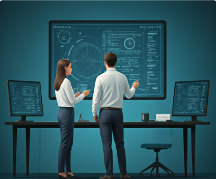 Two people looking at a large screen with data and diagrams.